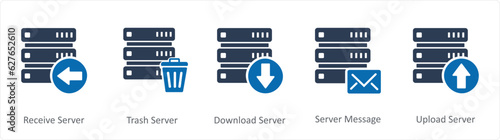 A set of 5 Internet icons as receive server, trash server, download server