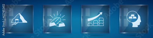 Set Gold mine, bars, Growth arrow with gold and . Square glass panels. Vector