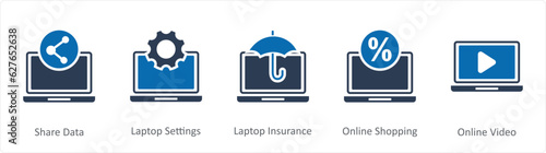 A set of 5 Internet icons as share data, laptop settings, laptop insurance