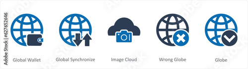 A set of 5 Internet icons as global wallet, global synchronize, image cloud