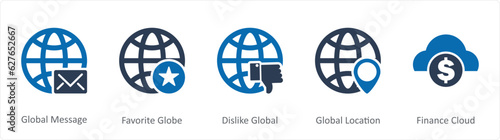 A set of 5 Internet icons as global message, favorite globe, dislike global 