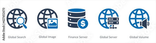 A set of 5 Internet icons as global search, global image, finance server