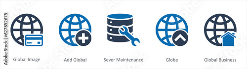 A set of 5 Internet icons as global image, add global, server maintenance