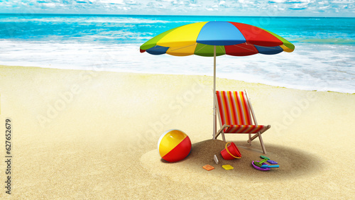 Beach parasol, sun chair and beach toys by the seashore. 3D illustration