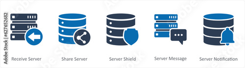 A set of 5 Internet icons as receive server, share server, server shield