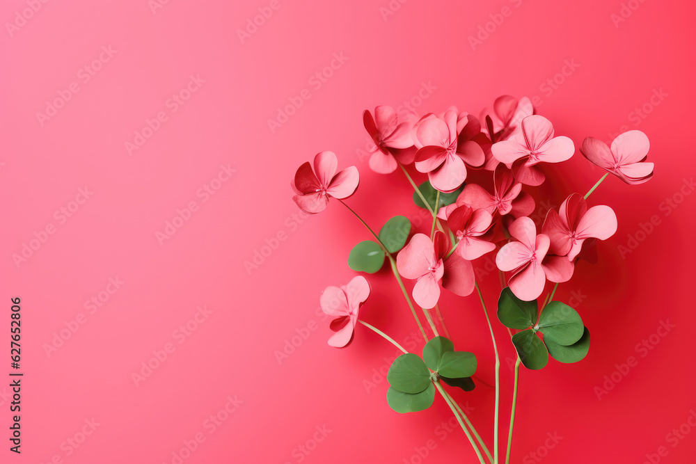 Bouquet of red clover on pink background with copy space for text