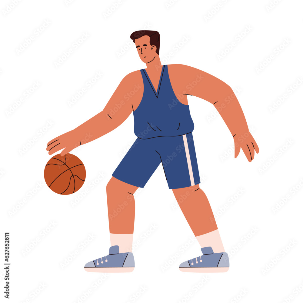 Basketball player dribbles ball with hand, flat vector illustration isolated. Basketball player dribbles ball with hand, flat vector illustration isolated.