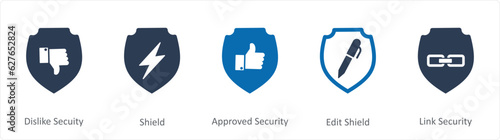 A set of 5 Internet icons as dislike security, shield, approved security