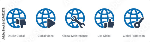 A set of 5 Internet icons as dislike global, global video, global maintenance