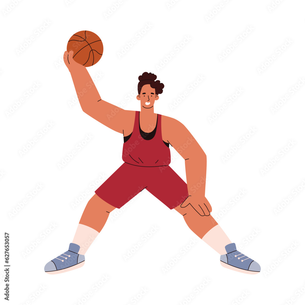 Basketball player man raised his hand with the ball up, sportsman trains, cartoon sport vector isolated illustration