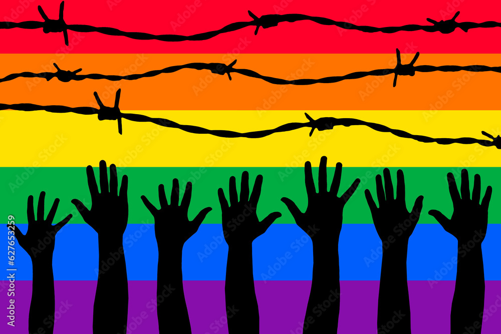 LGBTQI, trans and intersex rights concept. Human hands over rainbow ...