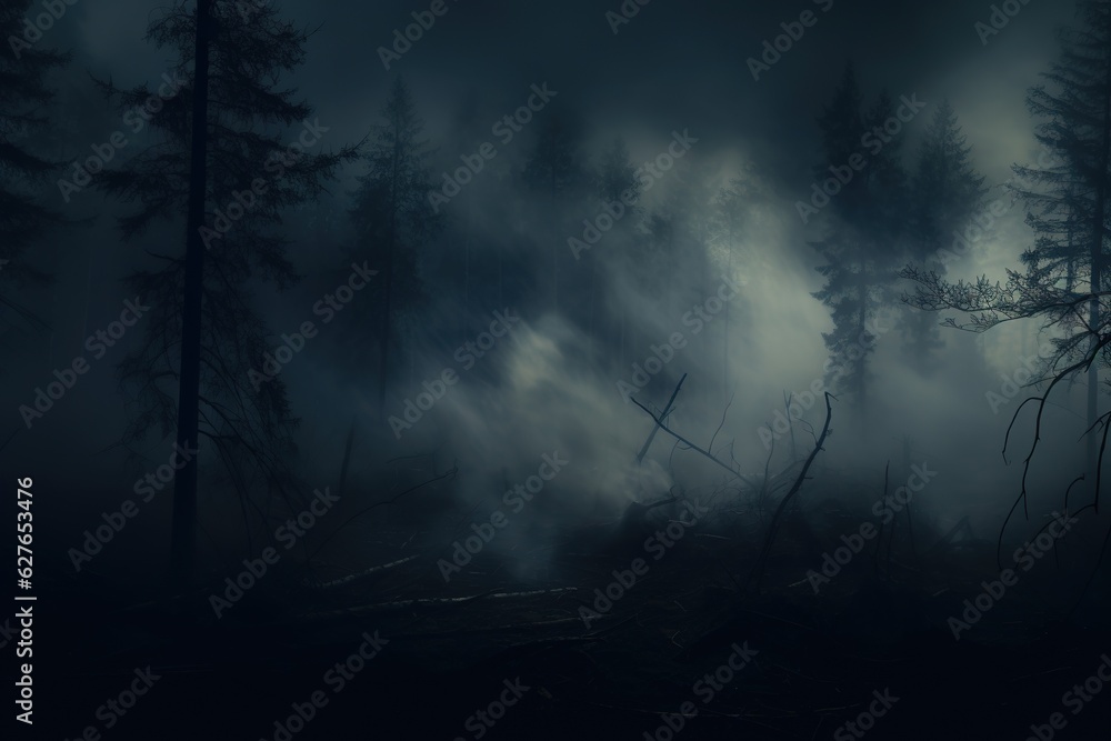 Smoke and mist in the darkness background, Defocused and abstract Halloween backdrop. Generative AI