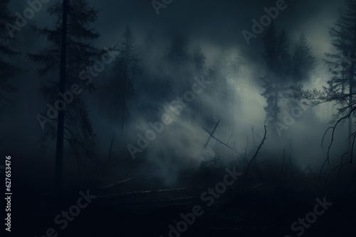 Smoke and mist in the darkness background  Defocused and abstract Halloween backdrop. Generative AI