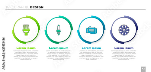 Set Car air filter, spark plug, Check engine and Alloy wheel for car. Business infographic template. Vector