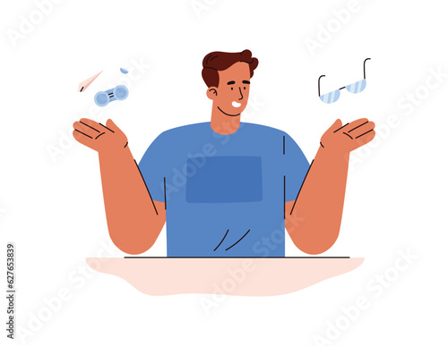 Man choosing between contact lenses and glasses, flat vector illustration isolated on white background.