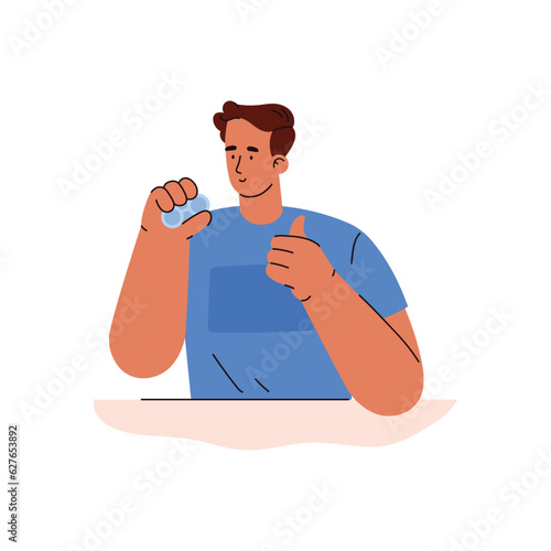 Smiling boy holding blue container with contact lenses and showing thumb up flat style