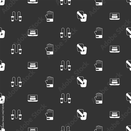 Set Boxing training paws, ring, Jump rope and MMA glove on seamless pattern. Vector