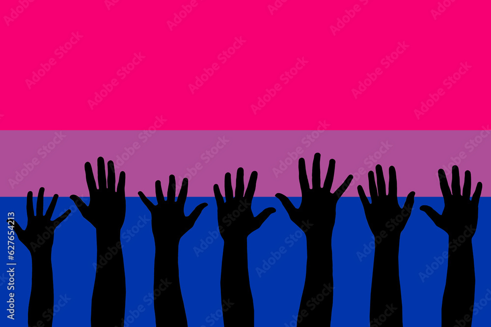 LGBTQI, trans and intersex rights concept. Human hands over Bisexual pride flag on background