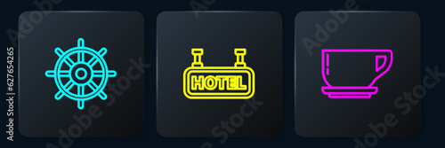Set line Ship steering wheel, Coffee cup and Signboard with text Hotel. Black square button. Vector