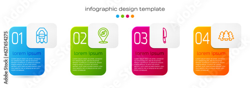 Set line Rafting boat, Compass, Knife and Forest. Business infographic template. Vector