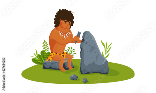  Cartoon wild prehistoric caveman character sitting, caveman holding hammer work tool to break stone. Isolated vector illustration on a white background 