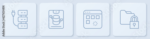 Set line Server, Loading data window, Data, Web Hosting and Folder and lock. White square button. Vector