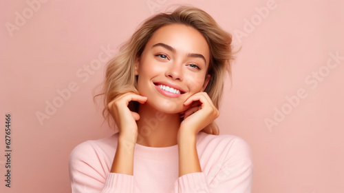 Lovely Girl Fantasizing on Pink Background