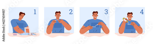 Contact lens care process, sequencing with boy flat style, vector illustration