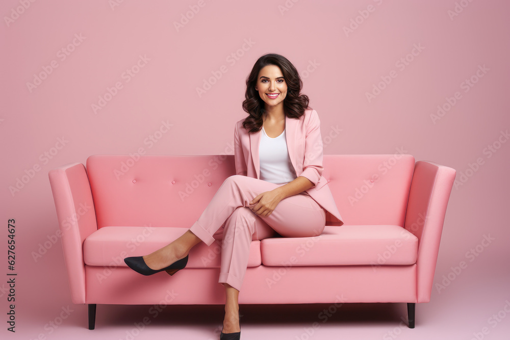 Pretty brunette Businesswoman is sitting on a cozy sofa on a pink plain background. Portrait of a beautiful woman Pretty brunette Businesswoman is sitting on a cozy sofa on a pink plain background. Portrait of a beautiful woman