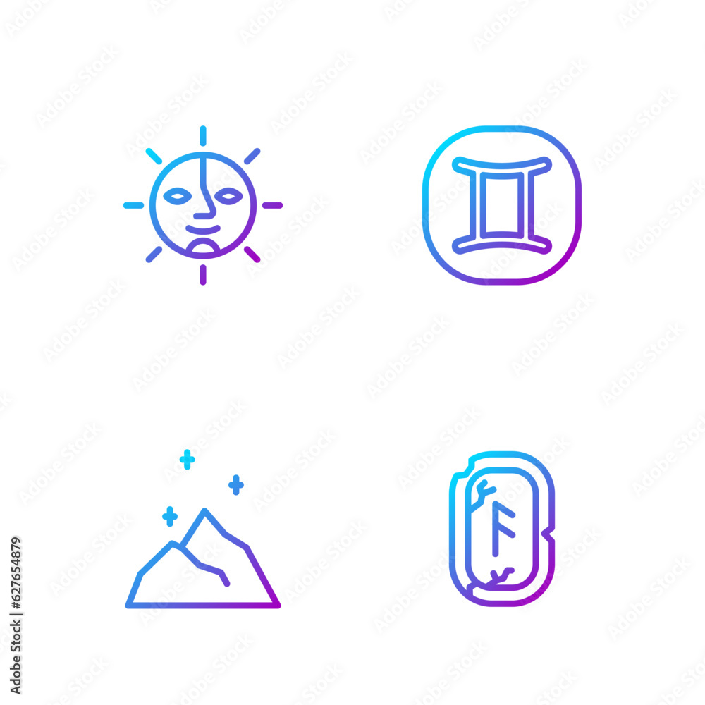 Set line Magic runes, powder, Sun and Gemini zodiac. Gradient color icons. Vector Set line Magic runes, powder, Sun and Gemini zodiac. Gradient color icons. Vector