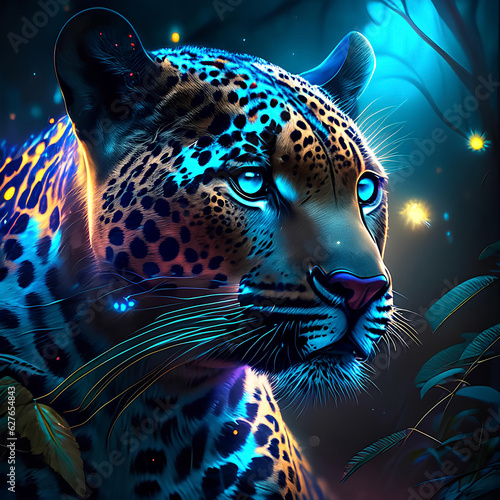 Beautiful jaguar portrait with glowing background, digital illustration. photo