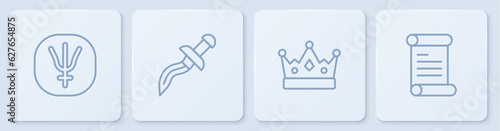 Set line Neptune planet, King crown, Dagger and Decree, parchment, scroll. White square button. Vector
