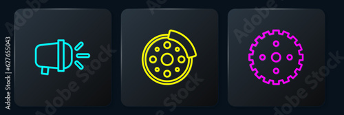 Set line Bicycle head lamp, sprocket crank and brake disc. Black square button. Vector