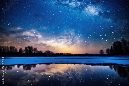 Dark Sky-Blue Lake and the Milky Way © AIproduction