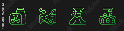 Set line Volcano eruption with lava, Nuclear power plant, Car exhaust and Deforestation. Gradient color icons. Vector