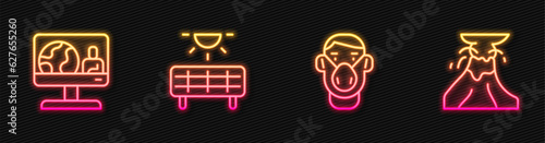 Set line Face in protective mask, Weather forecast, Solar energy panel and Volcano eruption with lava. Glowing neon icon. Vector