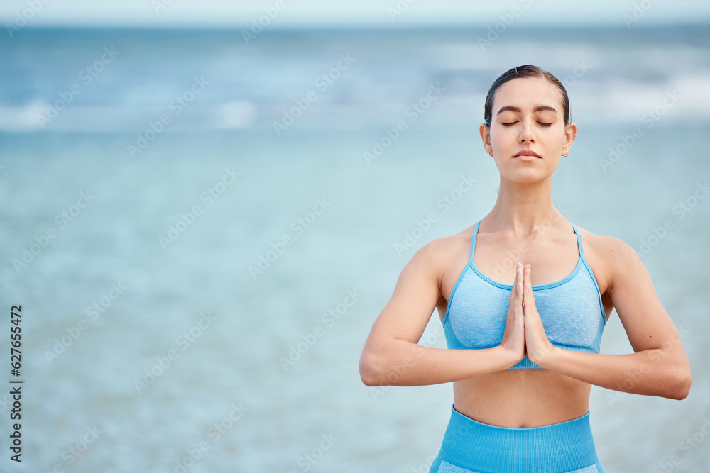 Meditation mockup, yoga and woman by beach with praying hands for wellness and healthy body on space. Fitness, nature and female person with mindfulness for exercise, training and balance by ocean