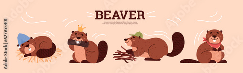 Set of cute beavers in different poses, cartoon flat vector illustration on beige background.