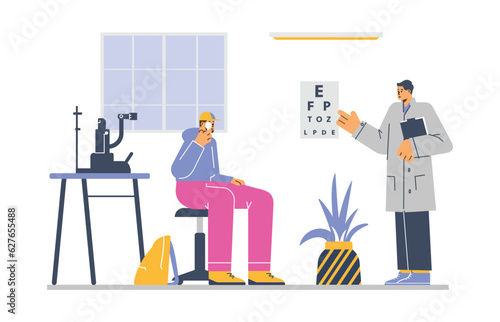 Patient in ophthalmologist office undergoing eye exam, flat vector illustration isolated on white background.