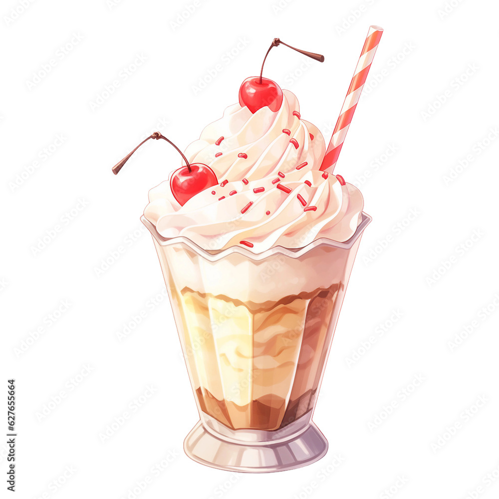 A creamy vanilla milkshake with a cherry on top. isolated object, transparent background A creamy vanilla milkshake with a cherry on top. isolated object, transparent background