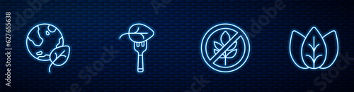Set line Gluten free grain, Earth globe and leaf, Vegan food diet and Leaf or leaves. Glowing neon icon on brick wall. Vector