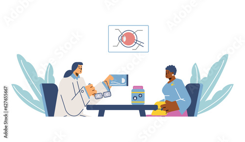 Woman changing glasses to contact lenses, flat vector illustration isolated on white background.