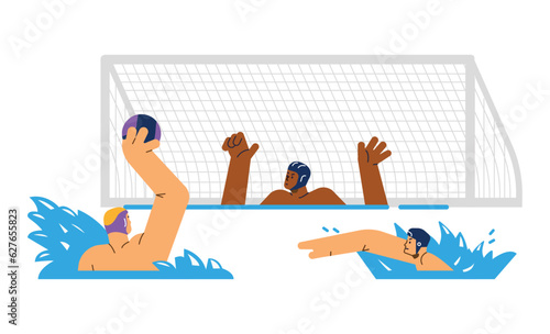 Water polo sportsmen play an attack in gate, flat vector illustration isolated.