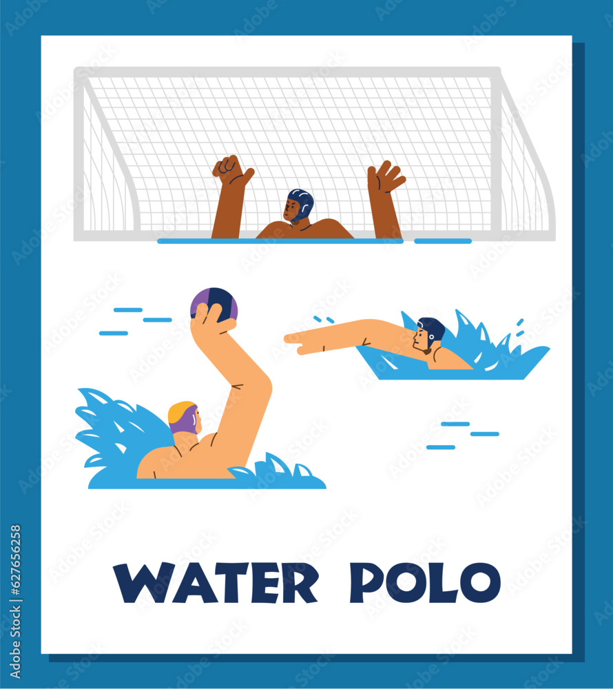 Water polo game, poster with text, flat vector illustration. Water polo game, poster with text, flat vector illustration.