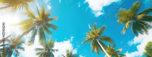 Beautiful natural tropical background with palm trees against a blue sky with clouds © Eli Berr