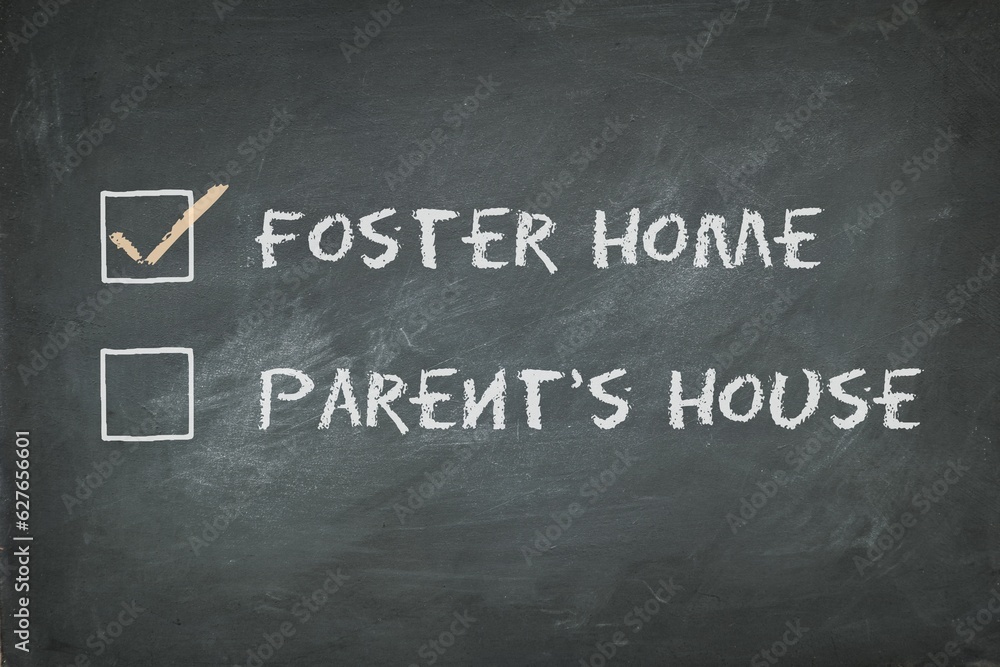 Obraz premium Personal information of a person of being grown up in foster home. Blackboard background. 