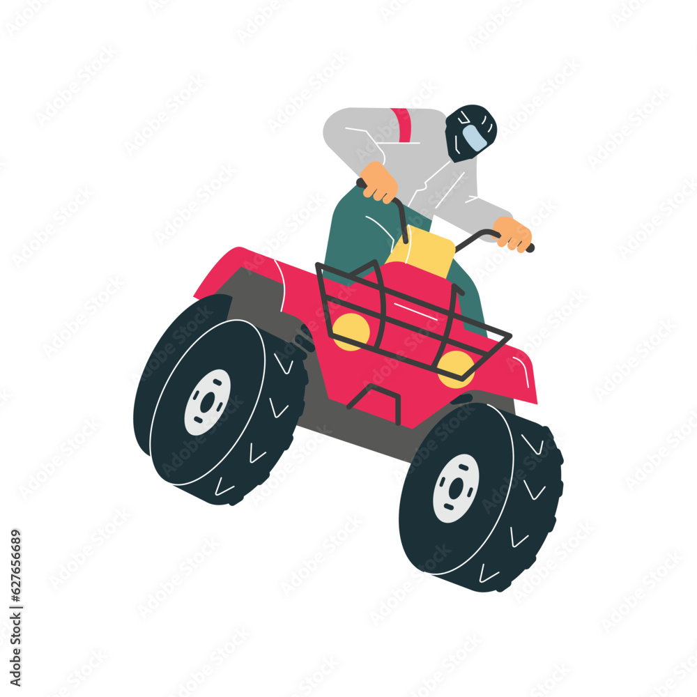 Red quad bike with man in helmet off-road driving, ATV, extreme sport, outdoor adventure vector cartoon illustration Red quad bike with man in helmet off-road driving, ATV, extreme sport, outdoor adventure vector cartoon illustration