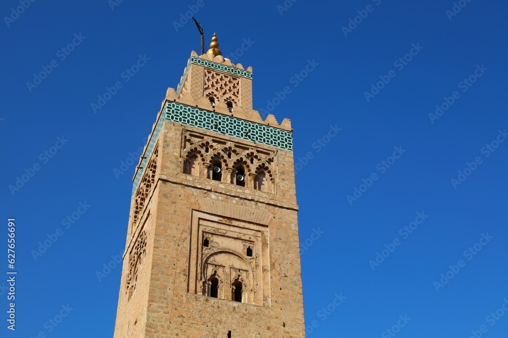 Marrakesh city landmark in Morocco. Koutoubia Mosque minaret tower.