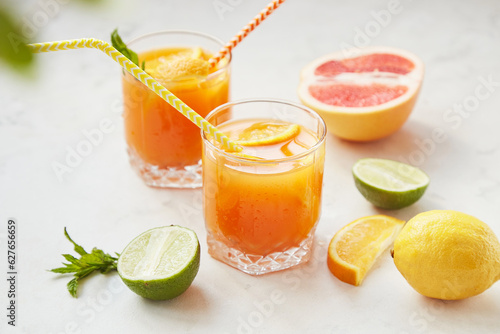 Non alcoholic, zero prof citrus drinks with grapefruit, orange, lemon and lime. Detox vitaminized healthy drink