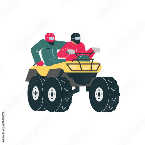 People in helmets riding on quad bike flat style, vector illustration